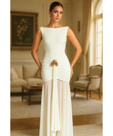 Comprar vestido festa longo elegante branco decote costas drapeado para formatura casamento madrinha barato LADY DRESS